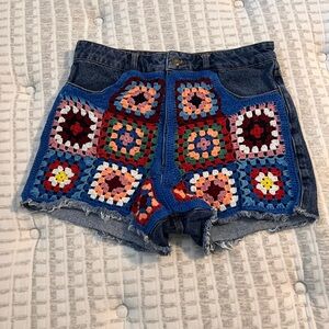 Anthropologie Crochet Patch Denim Shorts - Blue Multicolor